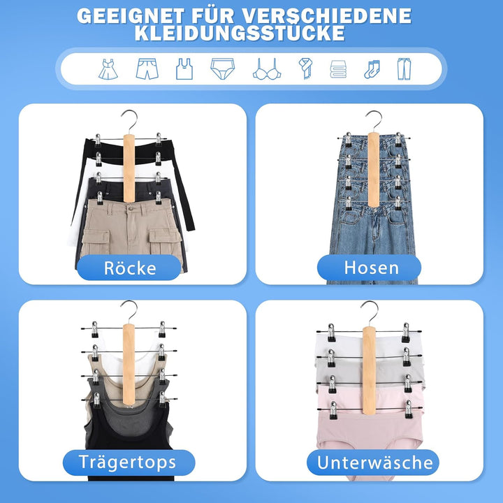VANZAVANZU Kleiderbügel Platzsparend Rockbügel, 2er Pack 4 Etagen Hosenbügel aus Holz mit Klammern,