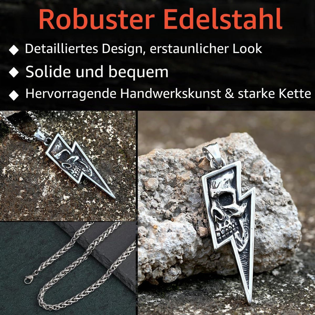 GTHIC Herren Edelstahl Retro Totenkopf Anhänger Halsketten Silber Gold Lightning Bolt Biker Schmuck