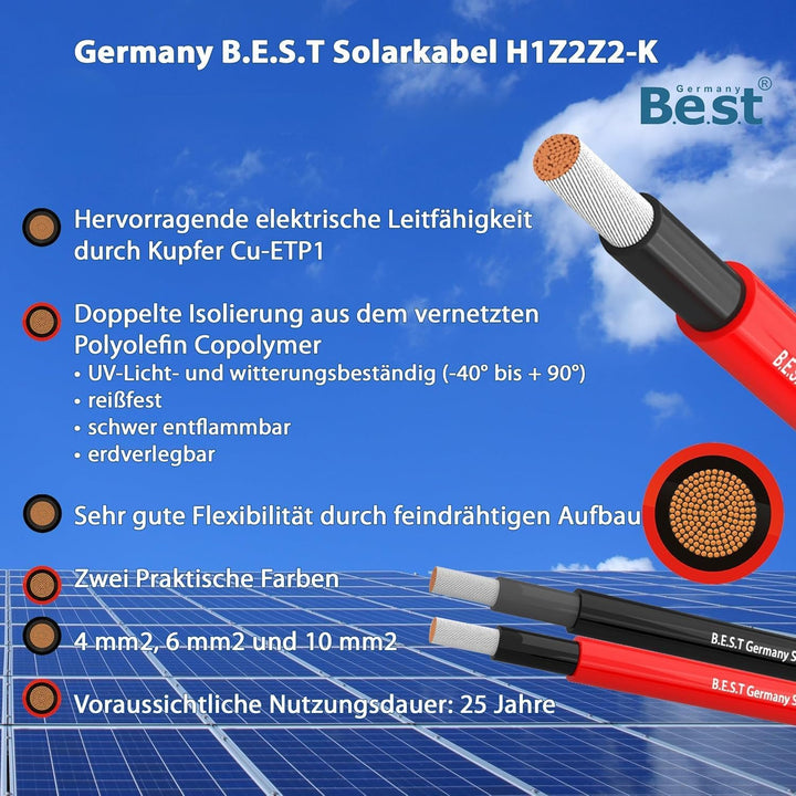Germany B.E.S.T Solarkabel Solarleitung 10mm² reines Kupferkabel H1Z2Z2-K 20m PV Rot 20 M Rot, 20 M