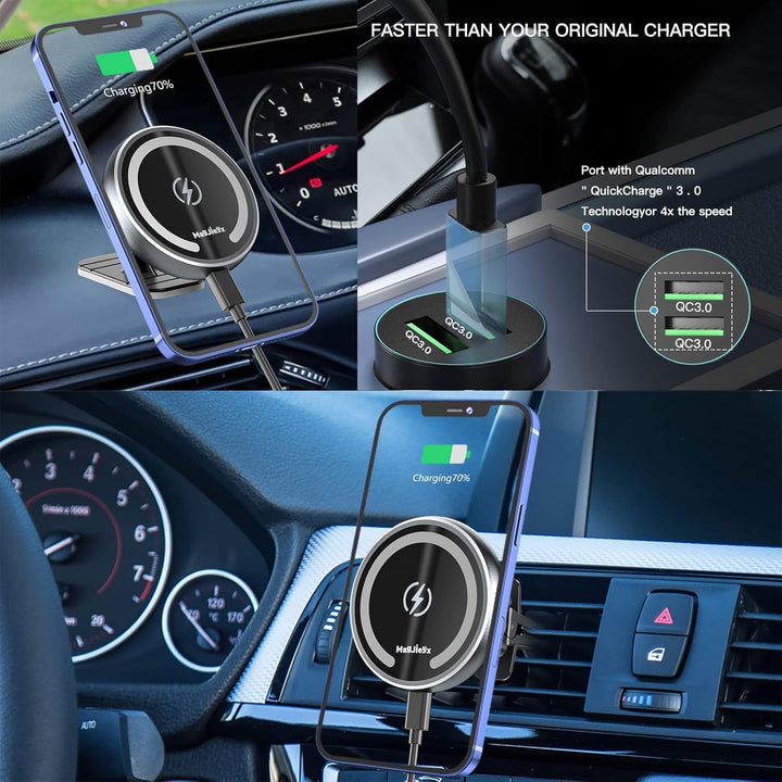 MAGJIEYX Kabelloses Magsafe Ladegerät Autohalterung,【1300g Starker Magnet】 Auto Handyhalterung Qi Wi