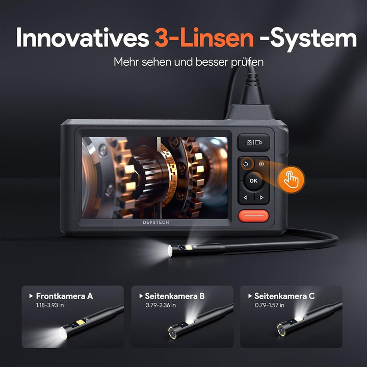 DEPSTECH 15m Triple Lens Endoskopkamera mit Licht, 5" IPS Rohrkamera | 1080P Inspektionskamera, 32GB