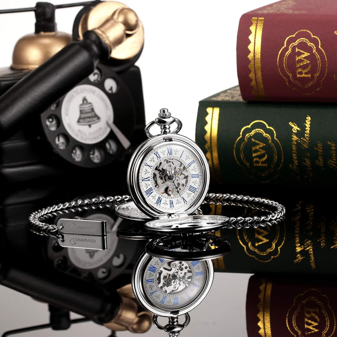 TREEWETO Fullmetal Alchemist Skeleton Steampunk Taschenuhr Mechanische Doppelabdeckung Taschenuhr mi