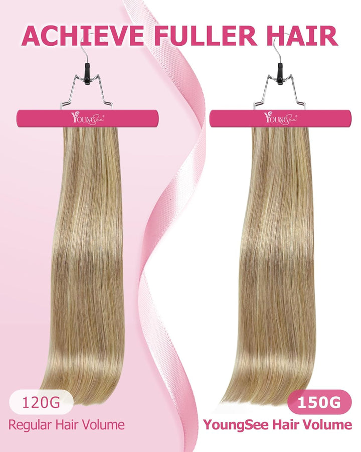 YoungSee Clip in Extensions Echthaar Blond Gesträhnt 40 cm 120g 7 Stück Extensions Echthaar Clip Gol