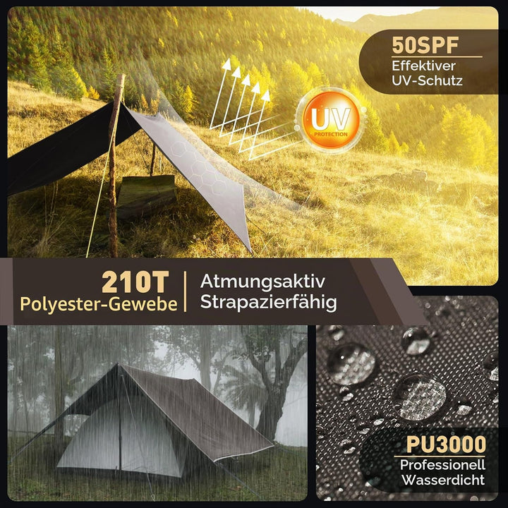 Tarp 3x4M Wasserdicht, Ultraleicht Camping Zeltplane, mit 15 Öse+6 Aluminiumstifte+8 Nylonseile, Ant