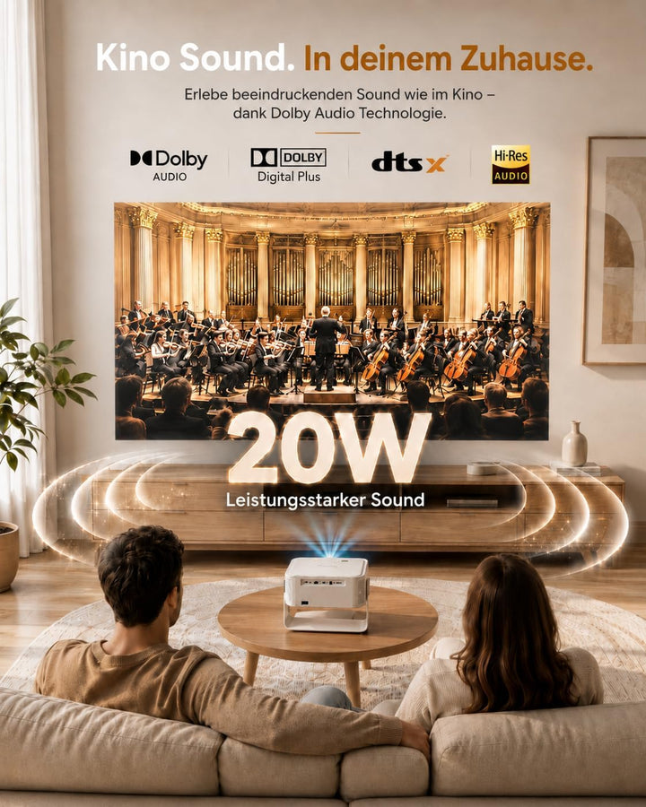 iSinbox 4K Beamer Outdoor mit Netflix, 2x20W Dolby &amp; DTS, HDR10+, WiFi 6 Weissgrau, Weissgrau