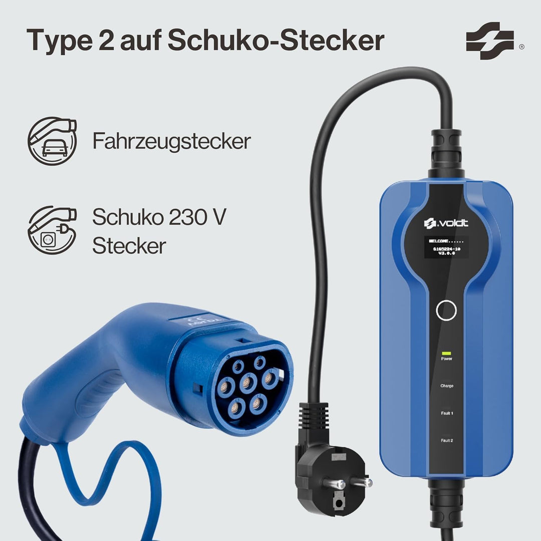 VOLDT Typ 2 Ladekabel Schuko 3,7 kW, 1-phasig, 8A - 16A, verstellbare EV-Ladegerät mit steuerbarer D