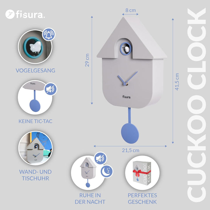 Fisura - Graue, blaue und weisse Kuckucksuhr. Wanduhr modern. Kuckuckuhr Schwarzwalduhr. 3 AA-Batter