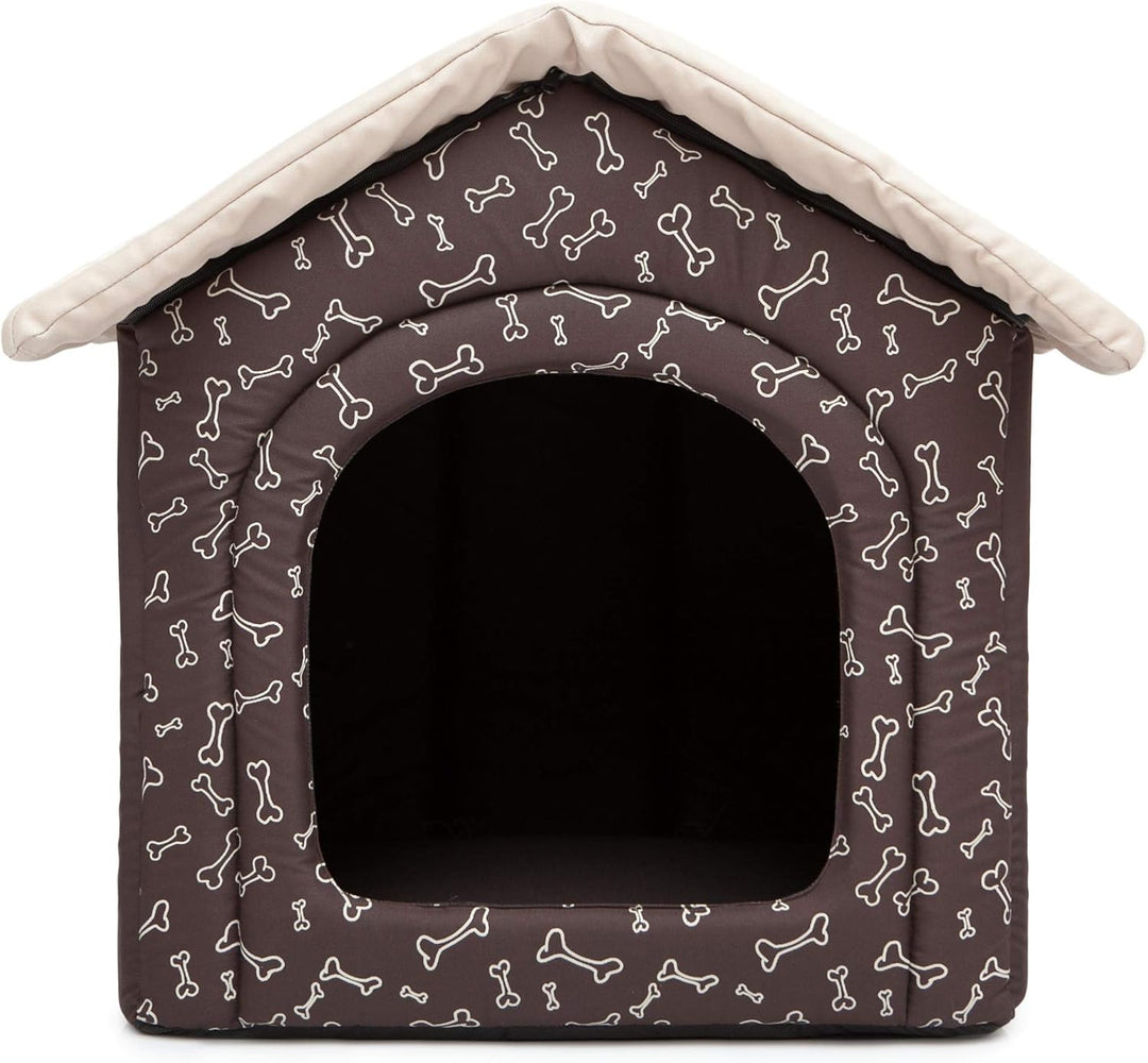 Hundehütte Hundehöhle Hundebett Hundehaus Katzenhöhle mittle L - 52x46 cm braun mit Knochen L - 52x4