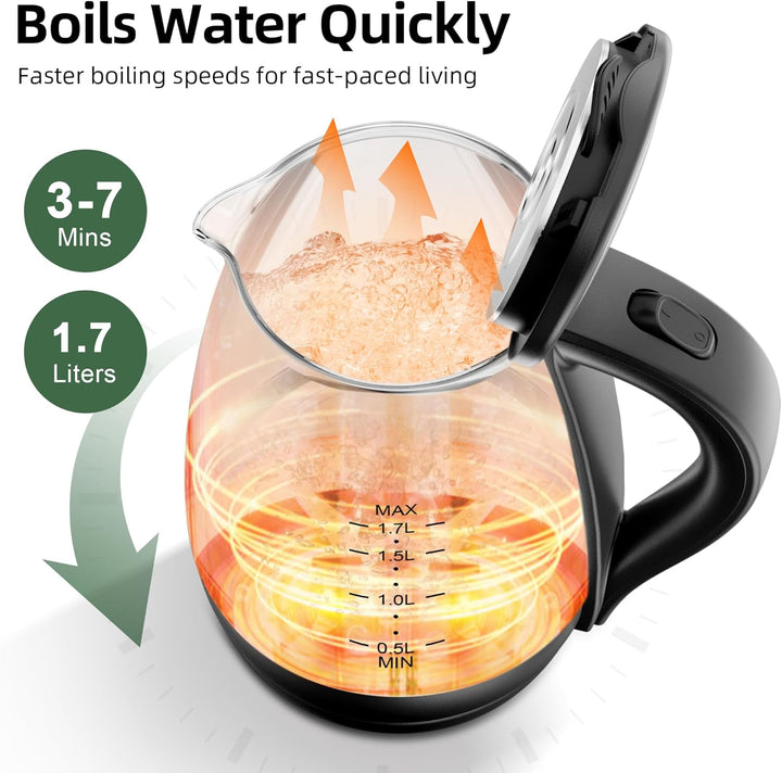 KEINVE Wasserkocher Glas 1,7 Liter, 2200 Watt, LED-Beleuchtung, Verdicktes Borosilikatglas Wasserkoc