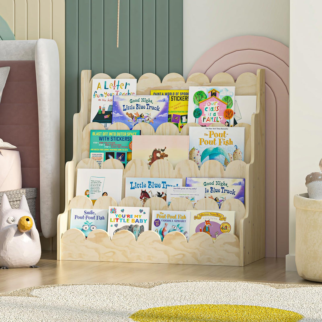 Bücherregal Kinder aus Kieferholz, Kinderregal mit 4 Ablage montessori Regal stehend für Kinderzimme