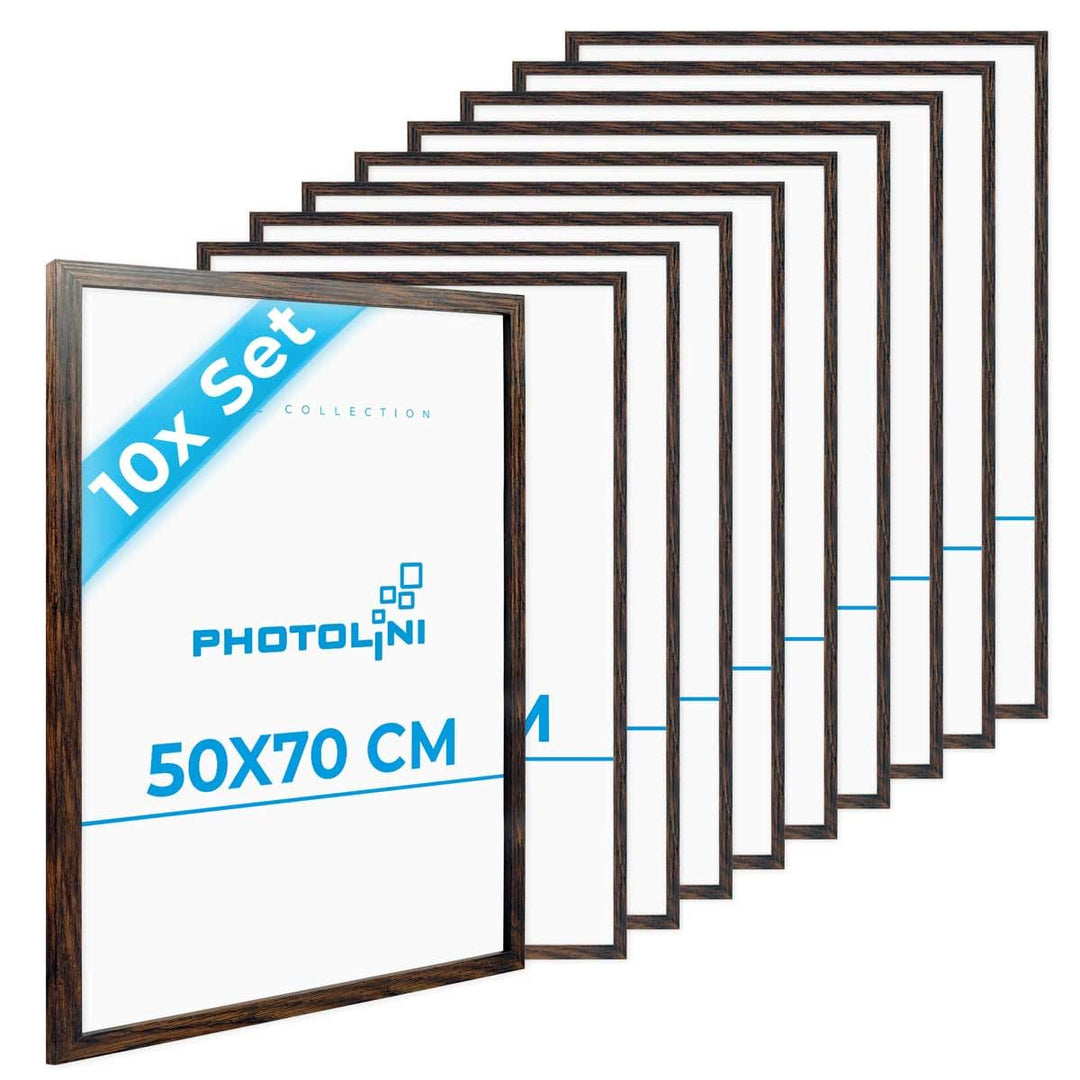 PHOTOLINI Bilderrahmen 50x70 Holz MDF Eiche Dunkel 10er Set, 50x70 cm Bilderrahmen gross, Rahmen 70x