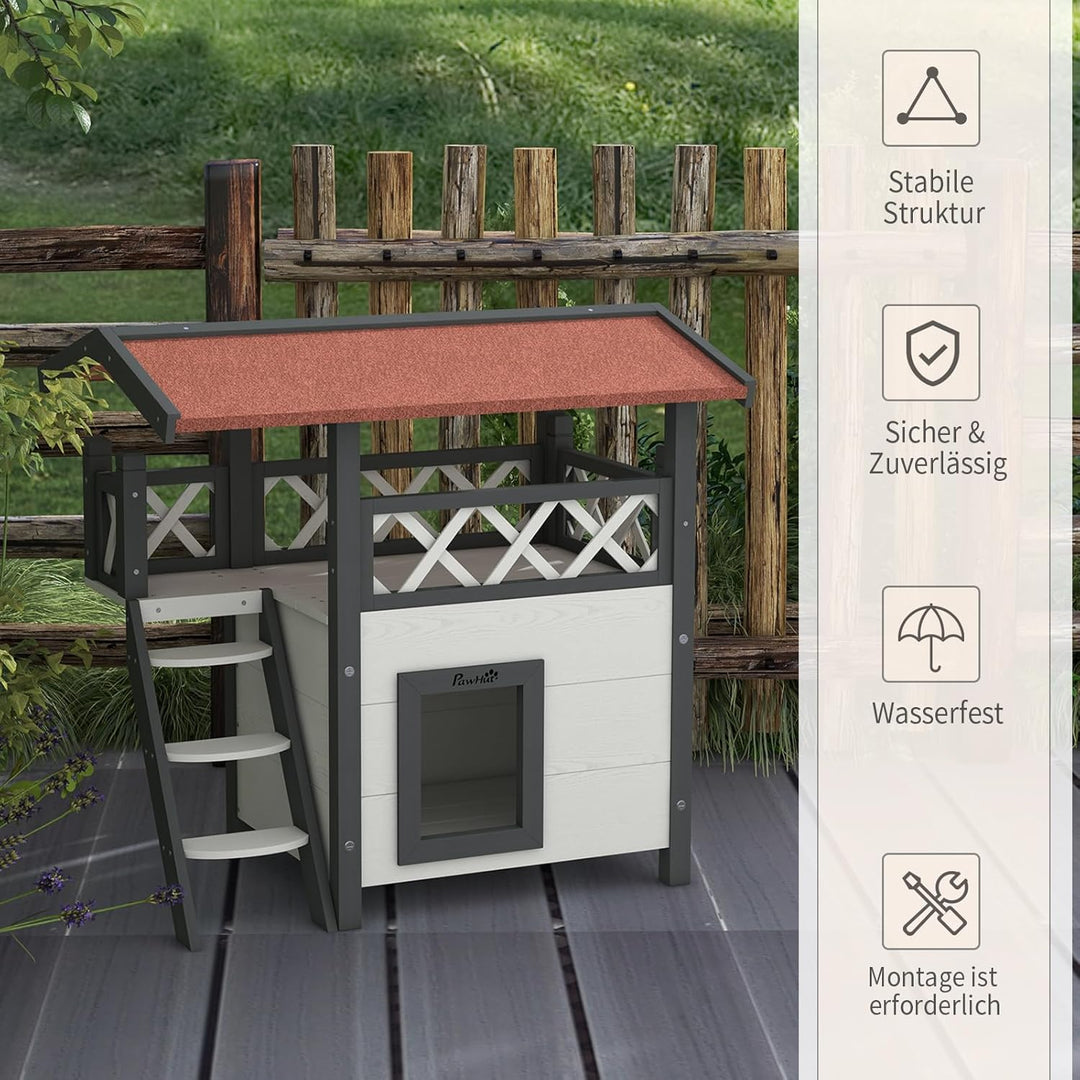 PawHut Katzenhaus aus Holz Winterfest wasserdicht Katzenhütte mit Asphaltdach Terrasse Treppe Katzen