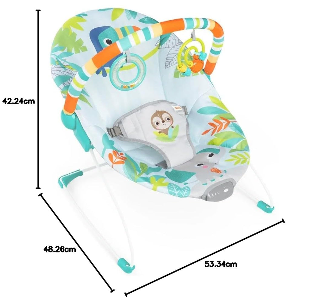 Bright Starts, Rainforest Vibes Wippe mit Vibrationen, Spielbogen, 2 Spielzeugen, Sicherheitsgurt un