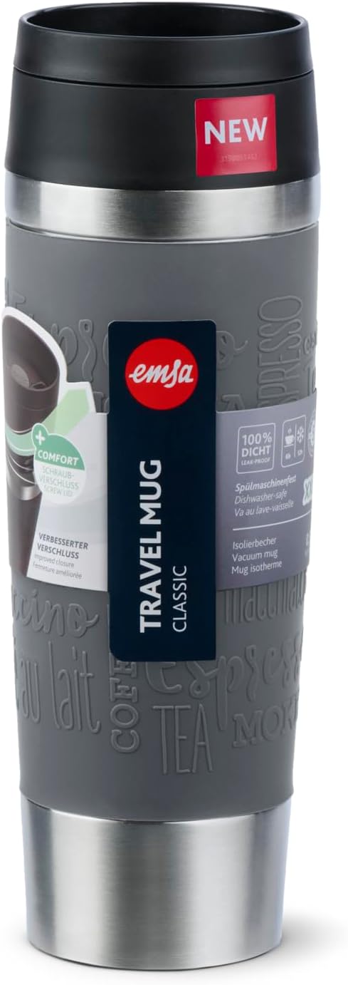 Emsa N20223 Travel Mug Classic Isolierbecher 0,5 Liter | neuer Komfort-Schraubverschluss | Edelstahl