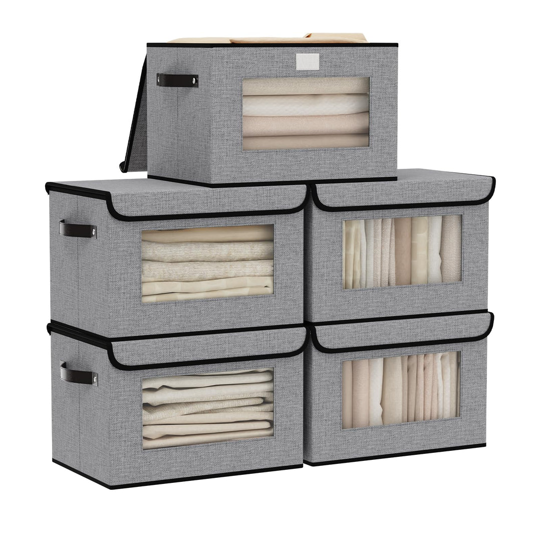 YheenLf Aufbewahrungsbox mit Deckel, Kleiderschrank Organizer, Stoff Grau Aufbewahrungsboxn mit Fens