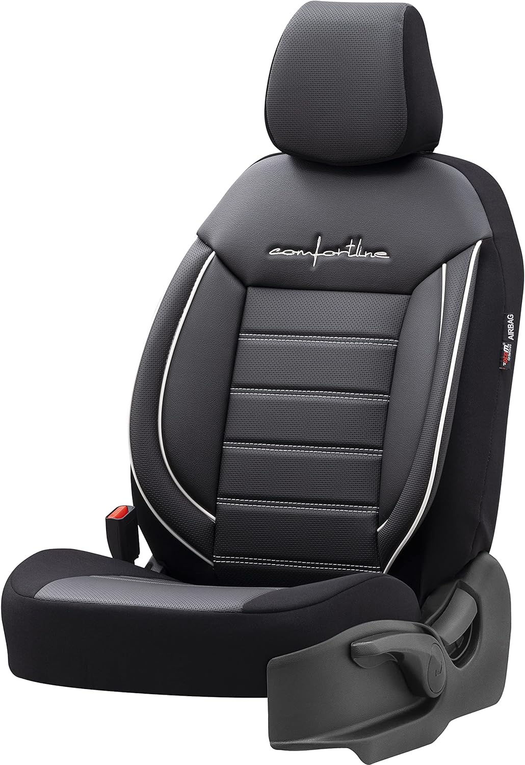 Universelle Leder/Stoff Sitzbezüge 'Comfortline' Schwarz/Grau + Weisses Rand - 11-Teilig- - kompatib