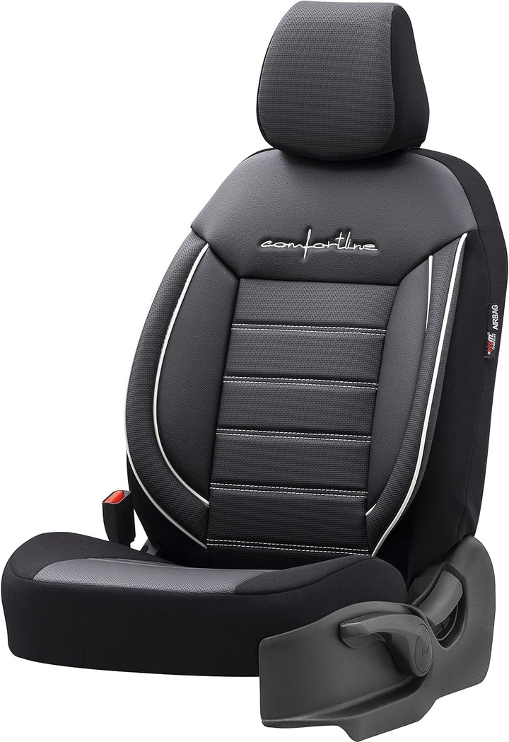 Universelle Leder/Stoff Sitzbezüge 'Comfortline' Schwarz/Grau + Weisses Rand - 11-Teilig- - kompatib