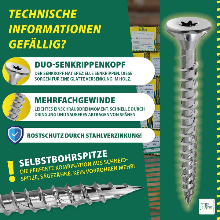 Jet-Fast Premium Universalschrauben 6,0 x 150 mm, 100 Stück, Duo-Senkkopf, Teilgeweinde TX Antrieb,