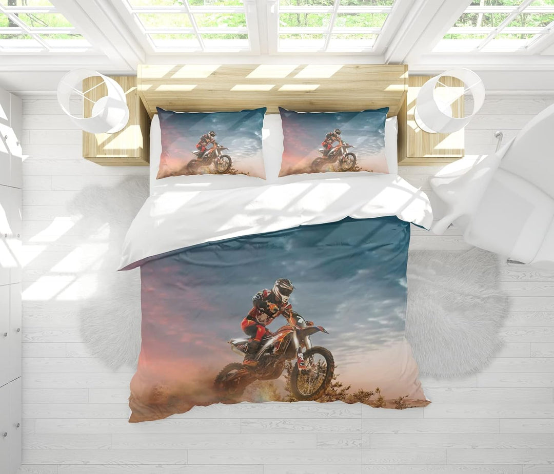 AVJWWD Motocross Bettwäsche Sets, 3D-gedrucktes Muster von Extremsport-Motorrad-Themen-Bettbezug mit