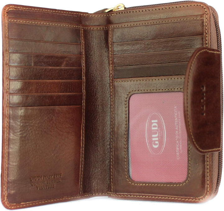 GIUDI ® Geldbörse Damen, Rindsleder, Vintage, Mittel-Gross, Mit vielen Fächern (Braun)