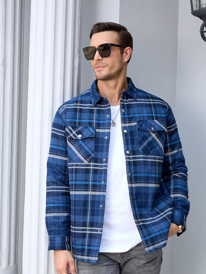 TACVASEN Herren Karierte Hemdjacke Flanellhemd Holzfällerhemd Thermohemd Jacke S Blau Grau, S Blau G