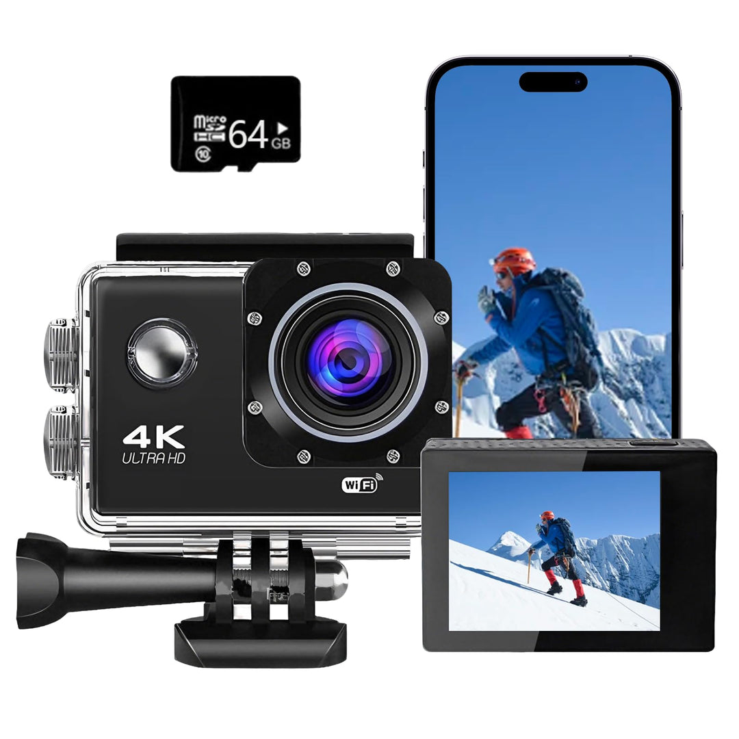 Action Cam 720P 30FPS mit 64GB Karte,20MP Unterwasserkamera bis 40m, Touchscreen,140° Weitwinkel Spo