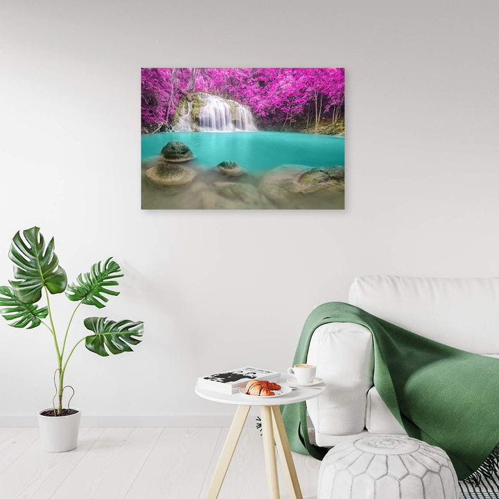 Feeby Vlies Leinwandbild Natur Teich Wasserfall 90x60 cm Wand Bild Kunstdruck Deko Wohnzimmer Wohnun