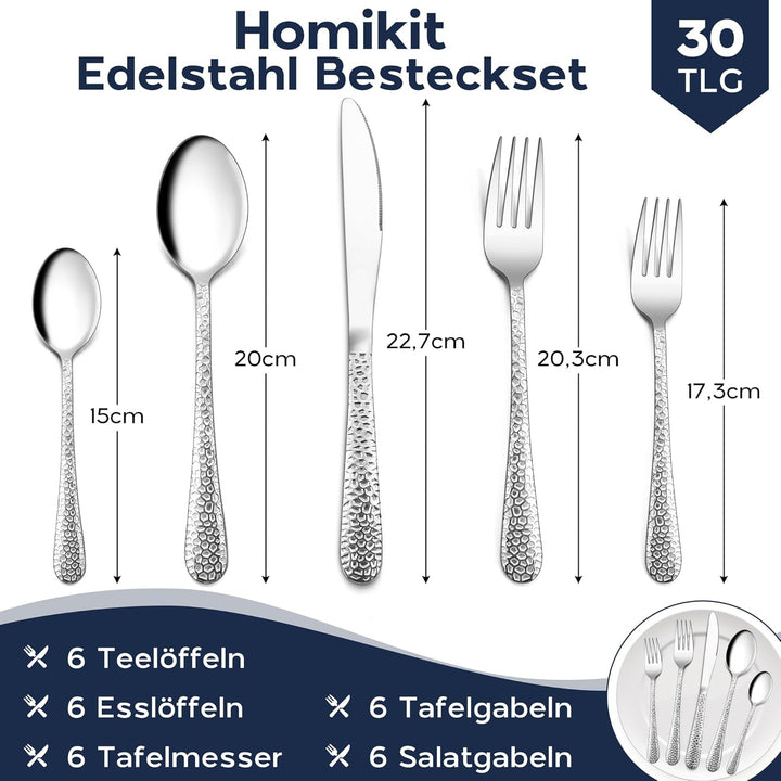 Homikit Besteck Set, 30-teilig Besteckset für 6 Personen, Edelstahl Gehämmertes Tafelbesteck, Essbes