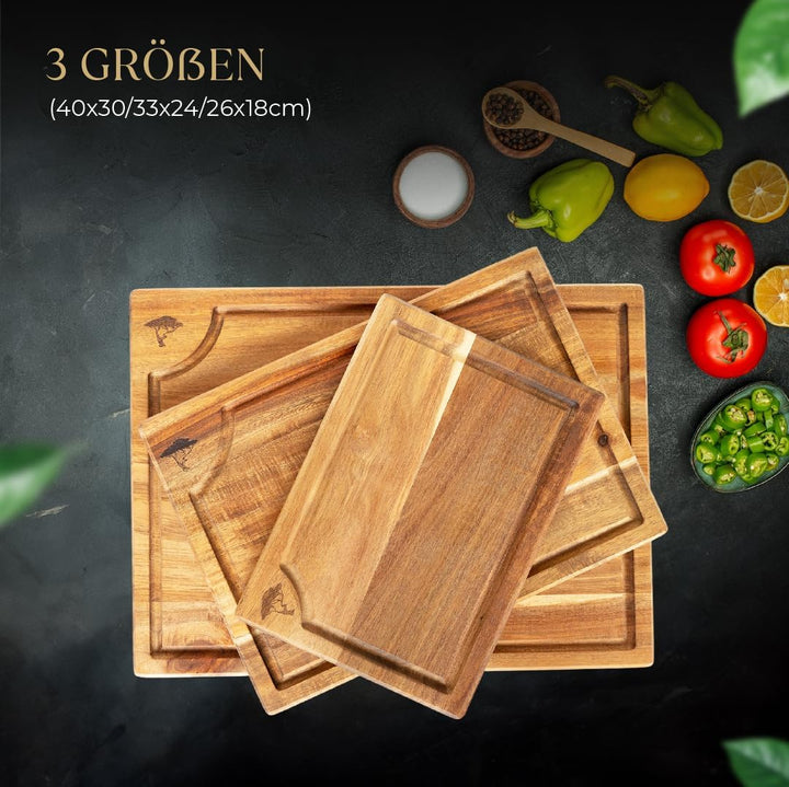 REVONTIS Schneidebrett Set aus Akazienholz – 3 Grössen (40×30, 33×24, 26×18 cm) mit Halter & Saftril