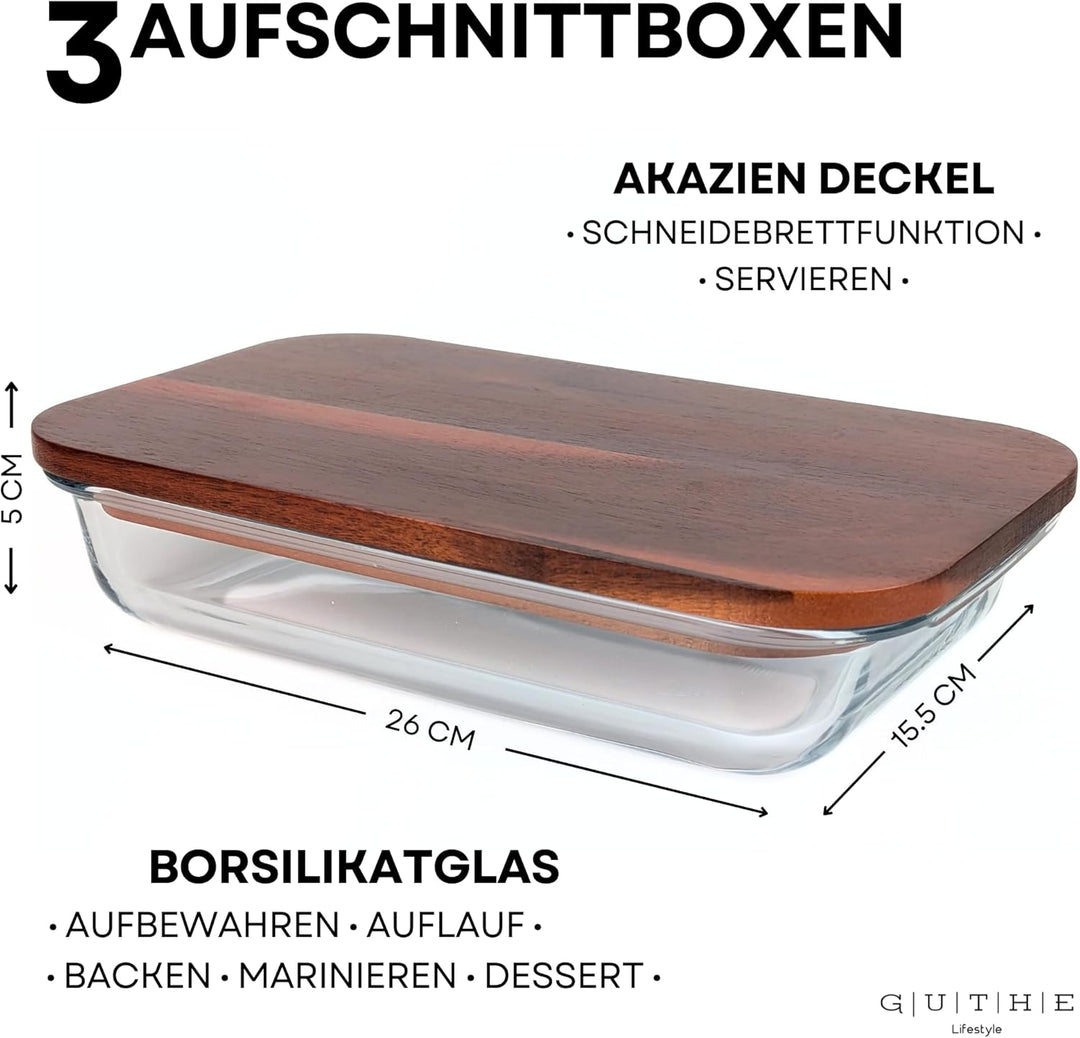 GUTHE Lifestyle 3er Set Aufschnittboxen für Kühlschrank glas, stapelbare Frischhaltedosen mit Akazie