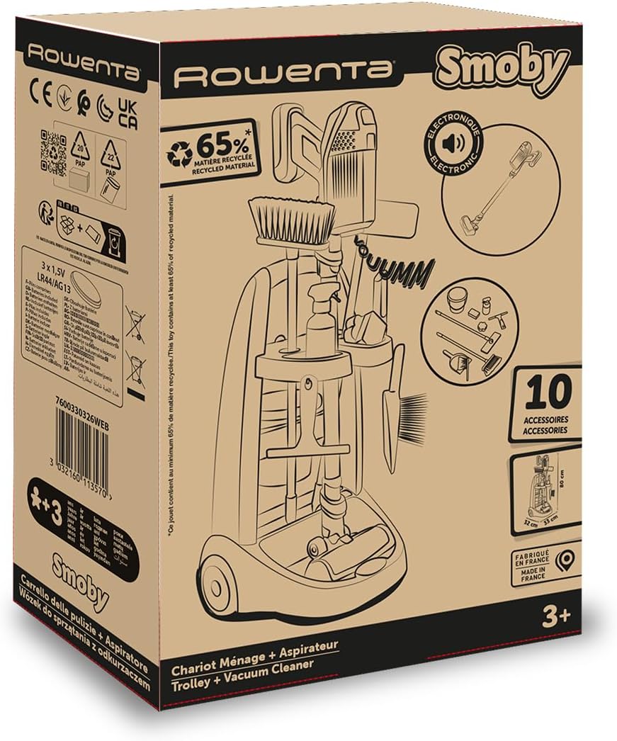 Smoby - Rowenta Reinigungstrolley & Spielstaubsauger mit Sound - Haushalts-Spielset mit 10 Zubehörte