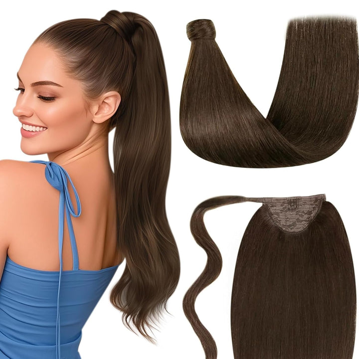 LaaVoo Ponytail Echthaar Pferdeschwanz Braun 70g Short Zopf Extensions Echthaar Braun 30cm Glatt Pfe