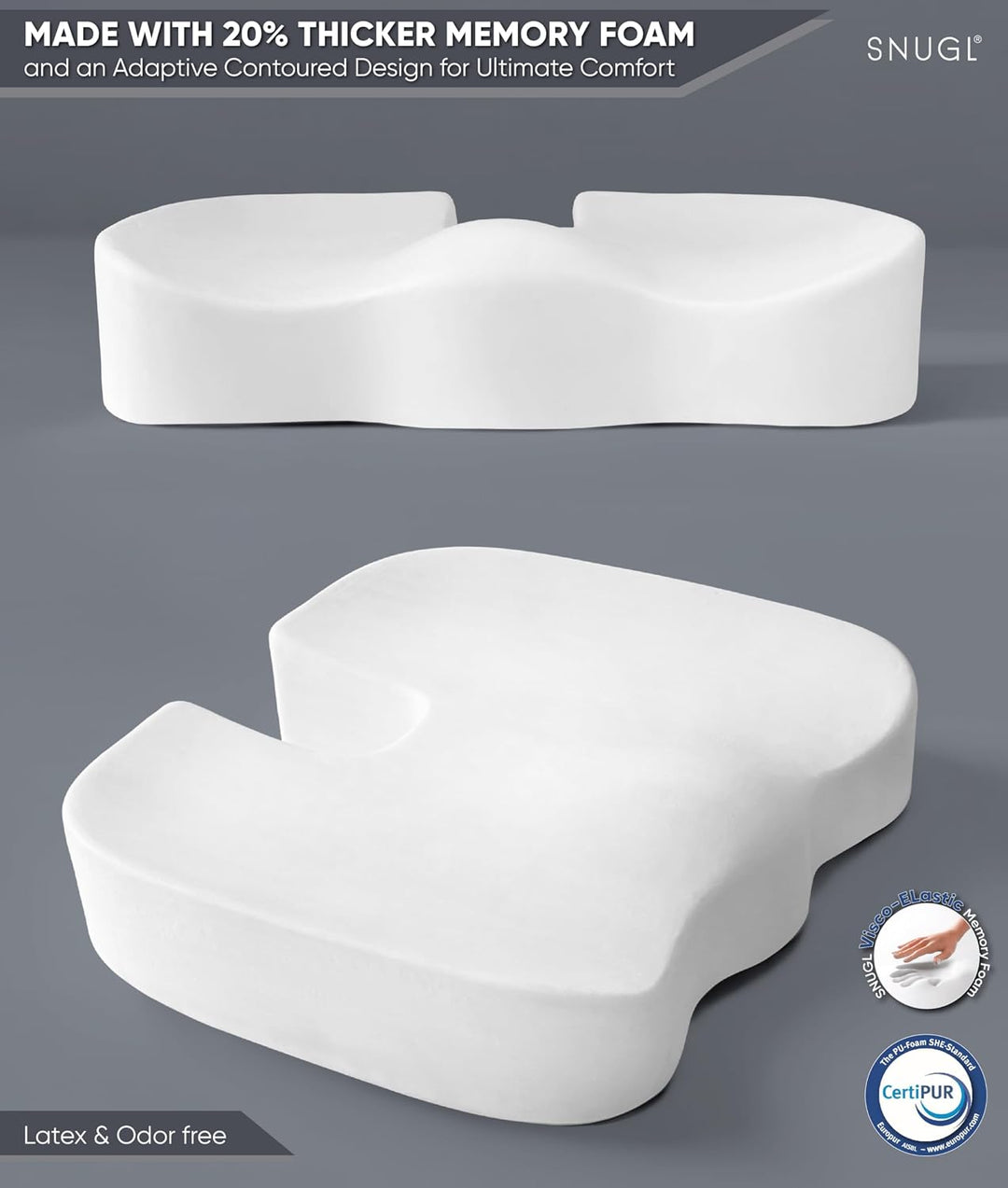 SNUGL Sitzkissen orthopädisch Memory Foam Steissbeinkissen | Stuhlkissen gegen Rückenschmerzen | Erg