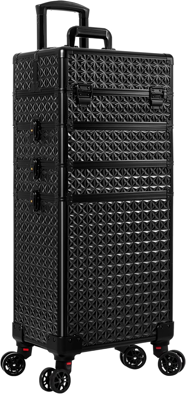 Arous 5-in-1 Profi-Kosmetikkoffer, Aluminium, mit 360° drehbaren Rädern Schwarz, Schwarz
