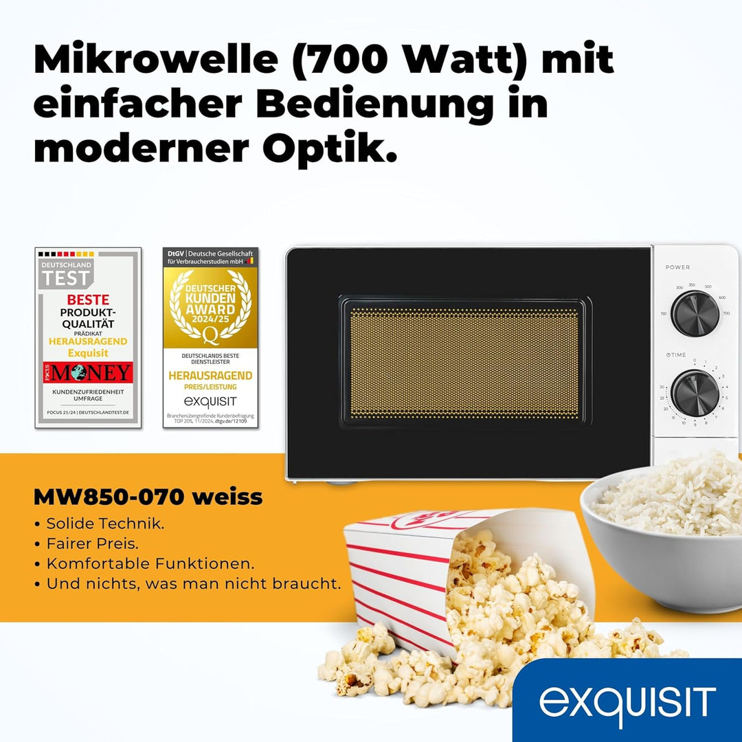 Exquisit Mikrowelle, 24,5 cm Drehteller, 20 Liter, 700 Watt, 5 Leistungsstufen, Timer, Auftaufunktio