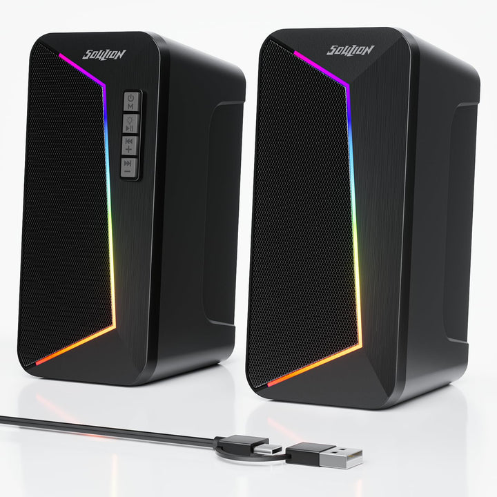 SOULION R40 PC Lautsprecher, USB-C/USB-betriebene Computer Stereo mit Lautstärkeregler, LED-Beleucht