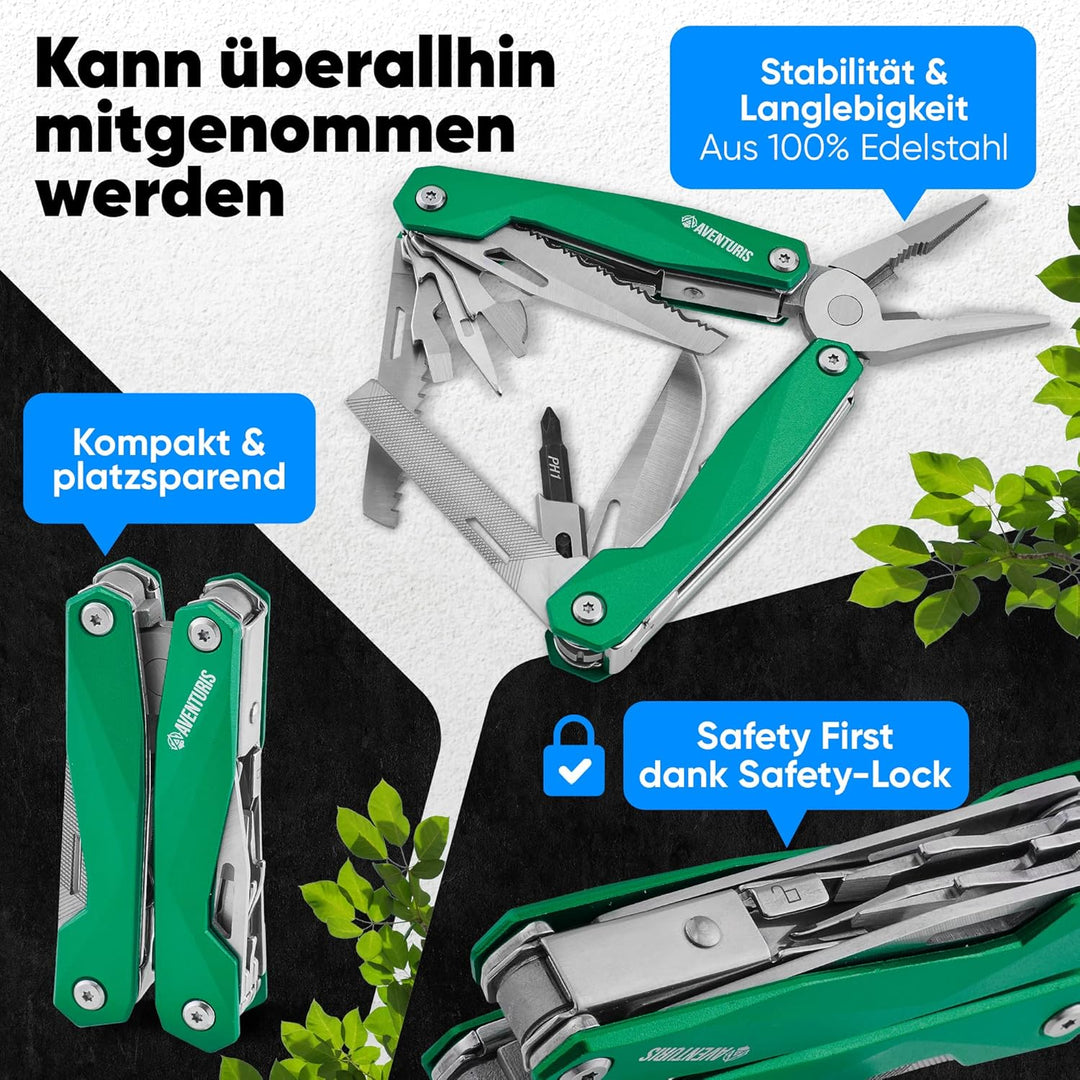 AVENTURIS® Multitool-Werkzeug [Edelstahl] mit 21 Funktionen, Geschenk für Mann, Multi tool mit Zange