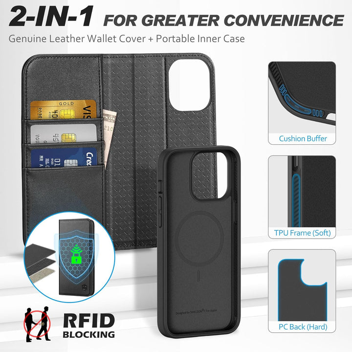 SHIELDON Hülle für iPhone 15, Echtleder Handyhülle [Abnehmbar] [kabelloses Laden] [Kartenfach] [Stän