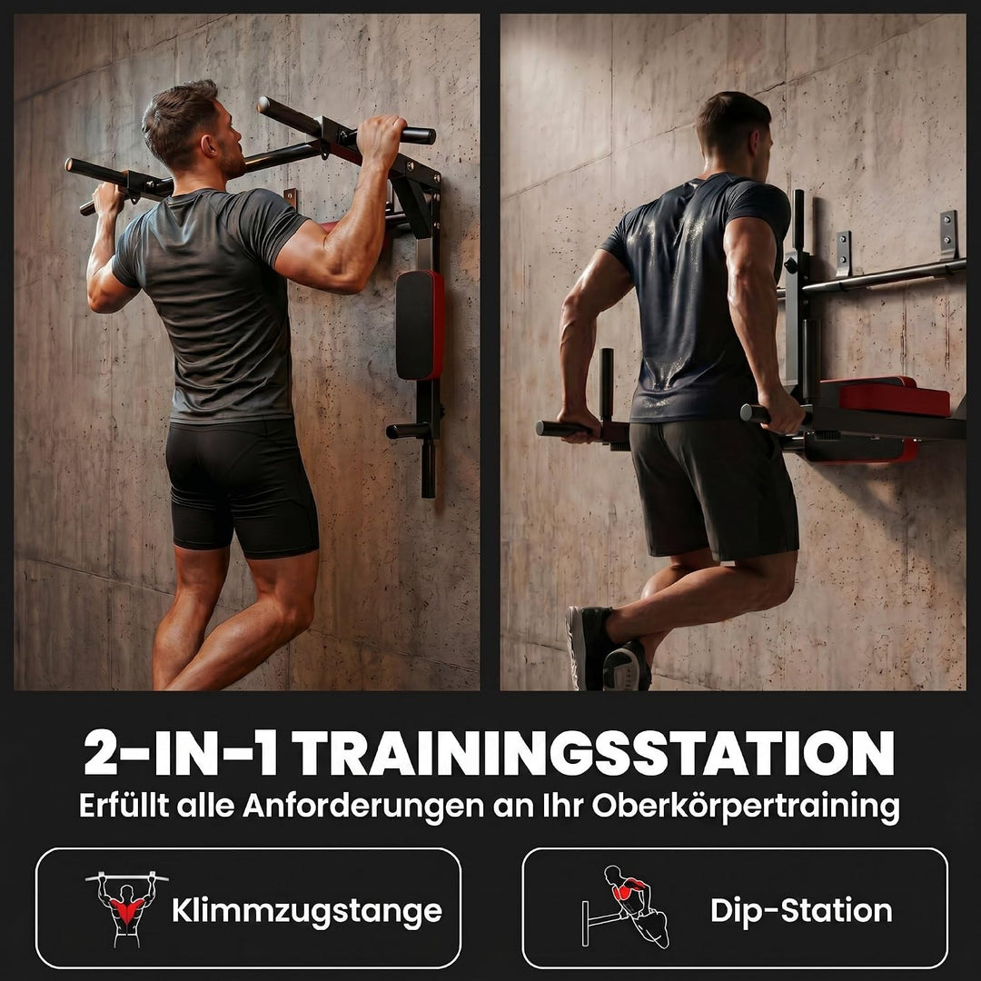 SPORTNOW Wand-Klimmzugstange 2-in-1 Dipstation bis 200 kg belastbar Rot | Profi-Klimmzug- und Dipsta