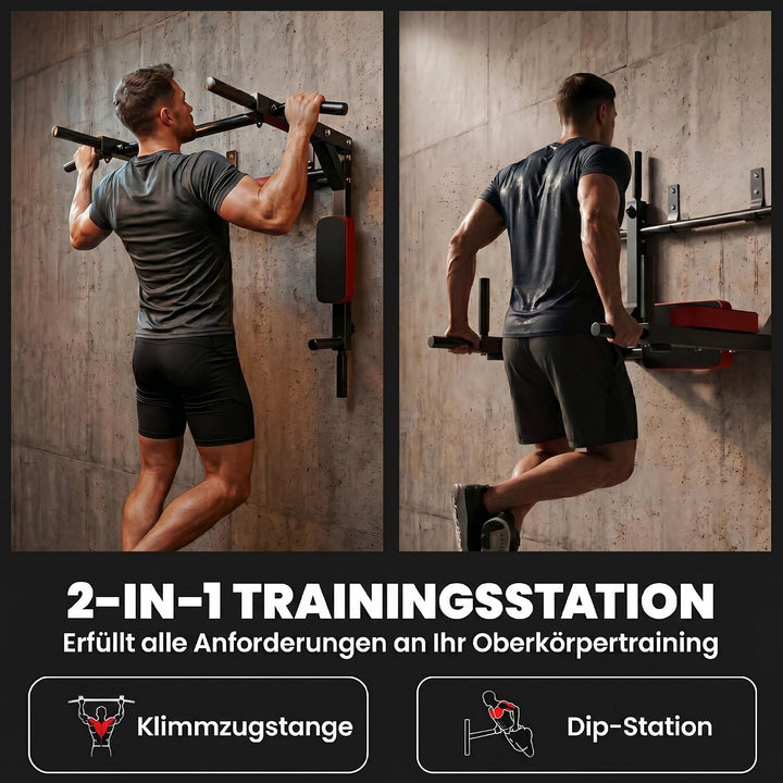 SPORTNOW Wand-Klimmzugstange 2-in-1 Dipstation bis 200 kg belastbar Rot | Profi-Klimmzug- und Dipsta