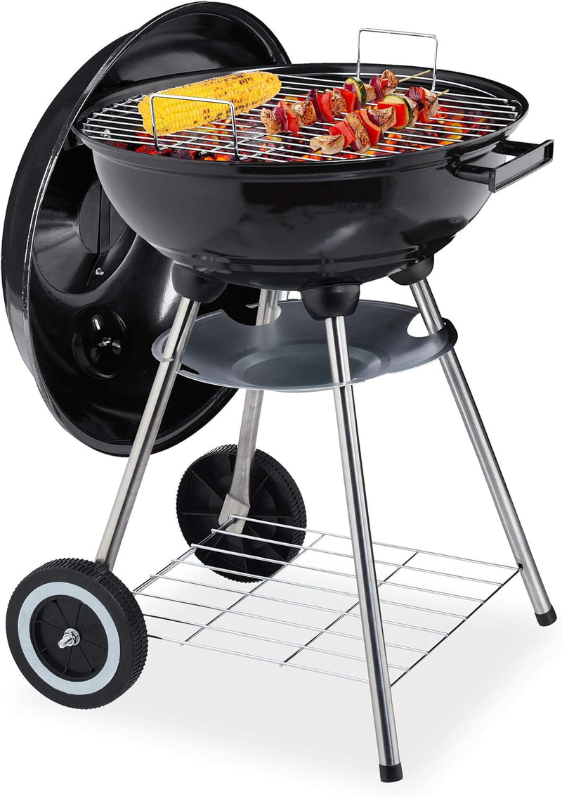 Relaxdays Kugelgrill mit Deckel, Ablage & Aschetopf, fahrbar, Garten & Camping, Grill ∅ 40 cm, Holzk