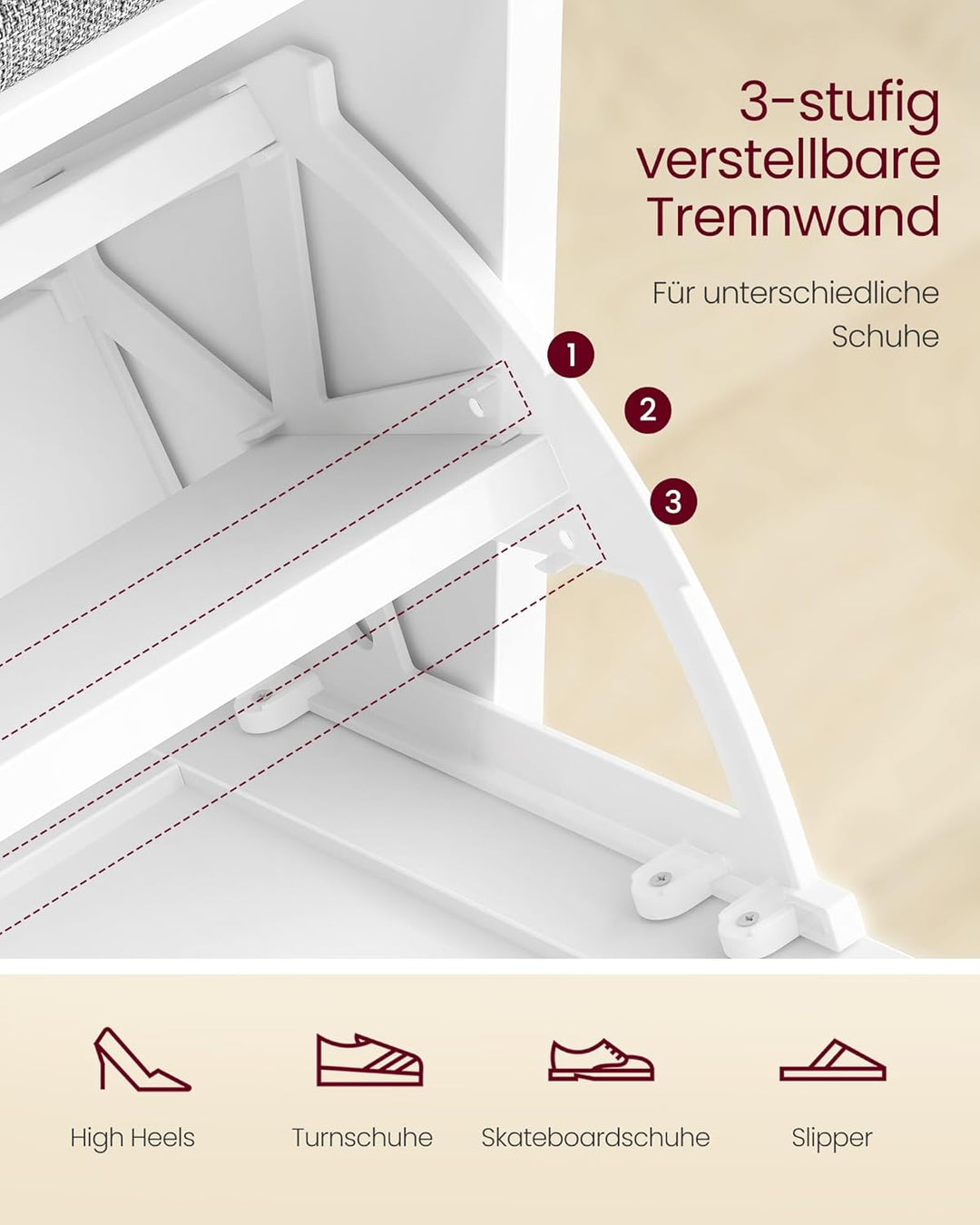 VASAGLE Schuhbank mit Sitzkissen, Sitzbank mit 3 Ebenen, Schuhkipper für 6 Paar Schuhe, Klappfach mi