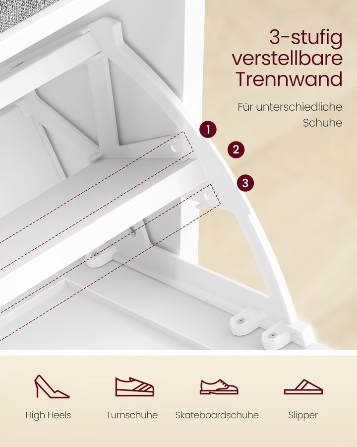 VASAGLE Schuhbank mit Sitzkissen, Sitzbank mit 3 Ebenen, Schuhkipper für 6 Paar Schuhe, Klappfach mi
