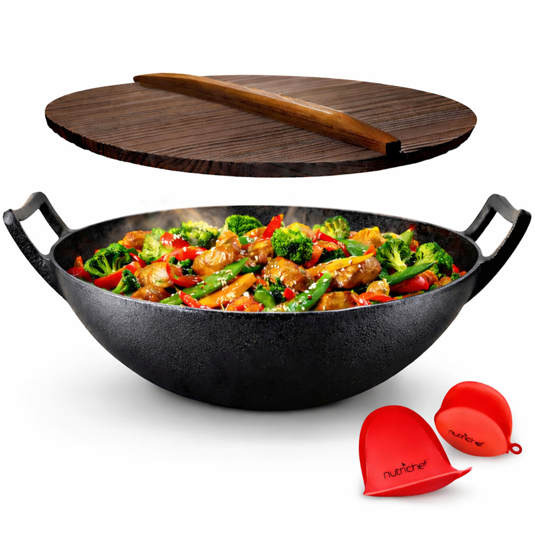 NutriChef Wokpfanne- Ø 30cm, Vorgewürztes- Wok Induktion- mit Holzdeckel | Gusseisenpfanne, Ideal zu