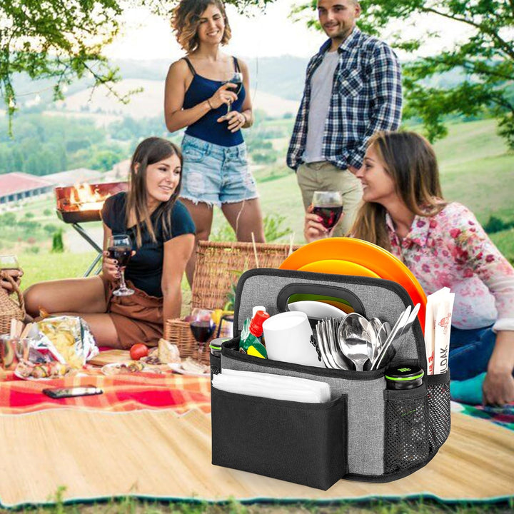 Camping-Utensilientasche, Aufbewahrungstasche für Pappteller mit 4 Fächern für Tassen, Gabeln, Löffe