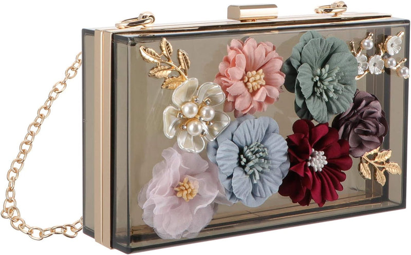 VALICLUD Frauen Kette Geldbörse Klare Acryl Tasche Blume Clutch Geldbörse mit Goldenen Kettenriemen