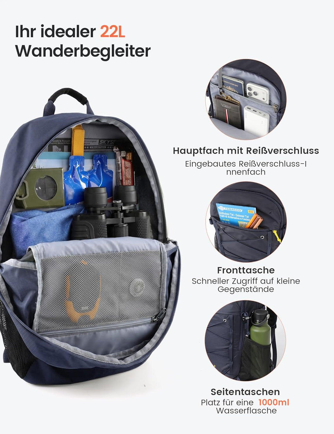 SKYSPER 22L Wanderrucksack Herren Damen Leichter Trekkingrucksack mit Belüftungsrücken Diebstahlsich
