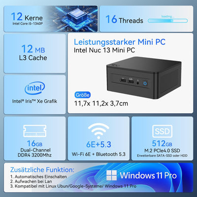 Intel/Asus NUC 13 Pro Mini PC Core i5-1340P |12 Kerne 16 Threads NUC13ANHi5 Mini Desktop Computer| 1