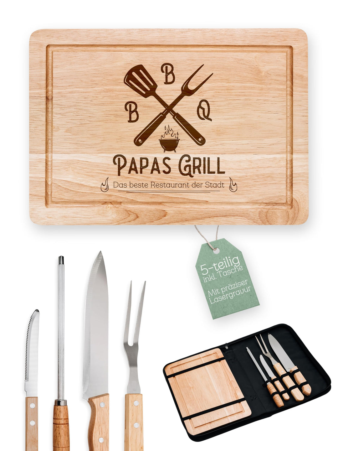 Grillset mit Messer im Messerset, Grillen Geschenk, Grill Accessories, Grillbrett, Geschenke für Män