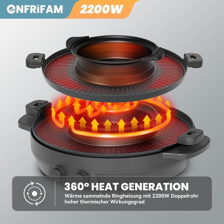 ENFRIFAM 2200W 2 in 1 Multifunktions Elektro Hot Pot und Grill Combo, rauchfreier Split Shabu Shabu